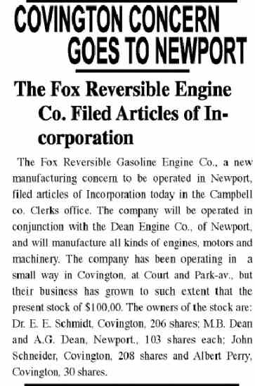 Another Kentucky Post article from Sept. 19, 1906, reporting the Fox Engine Co.’s filing for incorporation.